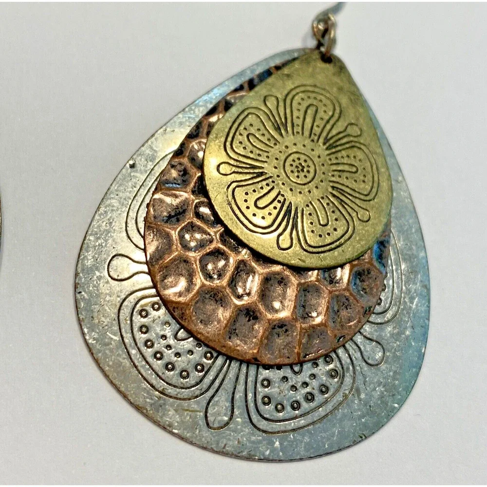 Boho Pierced Earrings Huge Embossed Teardrops Gold Silver Copper Festival Chic